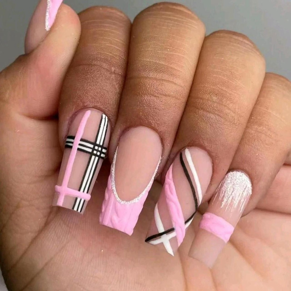 24Pcs Pink French Rectangular Acrylic Nail Stickers Set with Jelly Gel & File sh